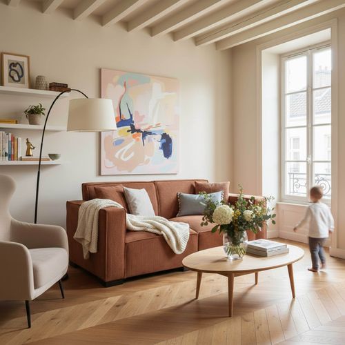 Canapé Droit En Velours Côtelé 2 Places L 180 Cm Terracotta Alphy