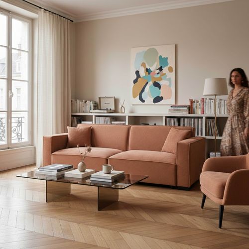 Canapé Droit En Velours Côtelé 3 Places L 230 Cm Terracotta Alphy