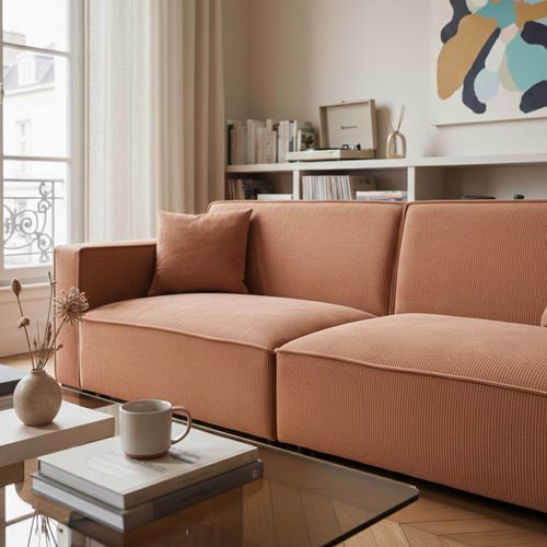 Canapé Droit En Velours Côtelé 3 Places L 230 Cm Terracotta Alphy