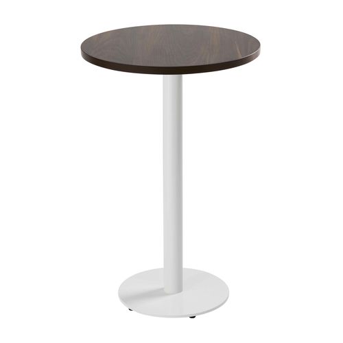 Table Haute Ronde 60 Cm Pied Blanc Et Revêtement Bois Foncé