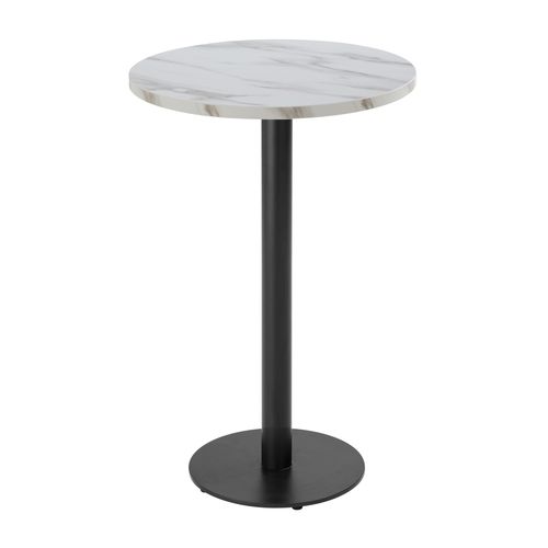 Table Haute Ronde 60 Cm Pied Noir Et Revêtement Marbre Blanc