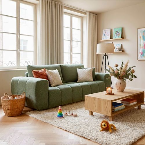 Canapé Droit 3 Places Vert L 238 Cm  Tissu Bubble