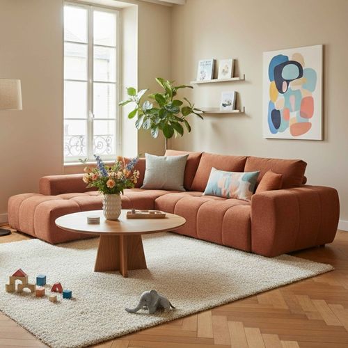 Canapé D'angle Gauche En Tissu 3 Places Terracotta L 270 Cm  Tissu Bubble