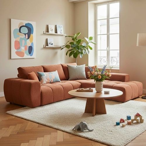 Canapé D'angle Droit En Tissu 3 Places Terracotta L 270 Cm  Tissu Bubble