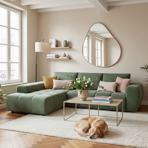 Canapé D'angle Gauche En Tissu 3 Places Vert L 270 Cm  Tissu Bubble