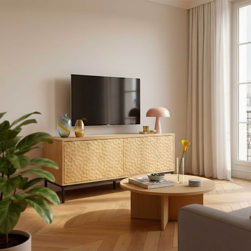 Meuble TV Rectangulaire 2 Portes L120 Cm Bois Clair