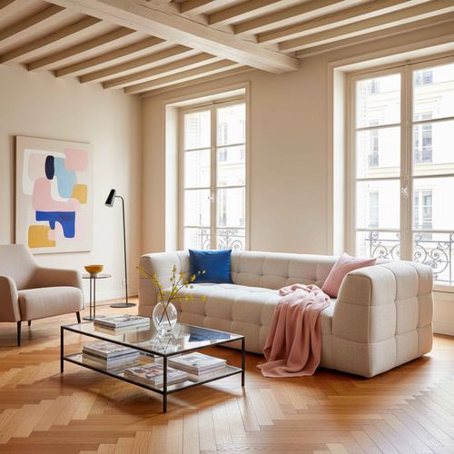 Canapé 3 Places En Bois Et Polyester Écru L 228 Cm  Tissu Bubble