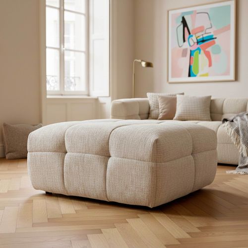 Pouf En Bois Et Polyester Effet Mattelassé Écru  Tissu Bubble
