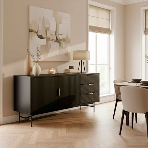 Buffet 2 Portes Et 3 Tiroirs En Mélaminé Et Acier 160 Cm Noir