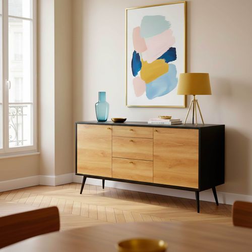 Buffet Scandinave Effet Bois Clair 2 Portes 3 Tiroirs 150 Cm Noir
