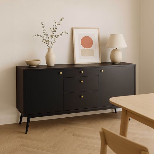 Buffet Design Effet Bois Foncé 2 Portes 3 Tiroirs 150 Cm Noir