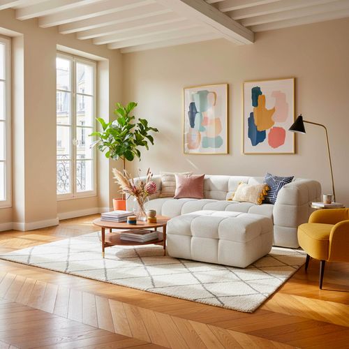 Canapé 3 Places En Bois Et Polyester Avec Pouf Écru L228 Cm  Tissu Bubble