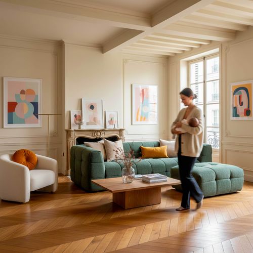 Canapé 3 Places En Bois Et Polyester Avec Pouf Vert L228 Cm  Tissu Bubble