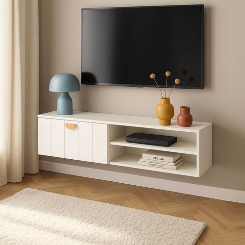 Meuble TV Suspendu 120 Cm Moderne Blanc