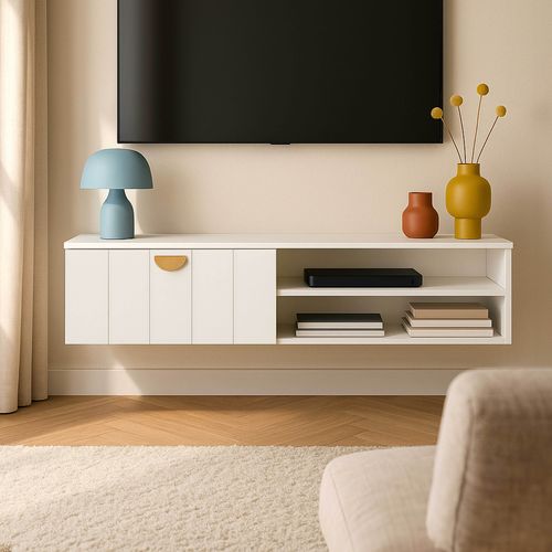 Meuble TV Suspendu 120 Cm Moderne Blanc