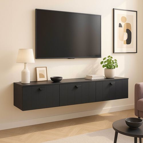 Meuble TV Suspendu 200 Cm Moderne Noir