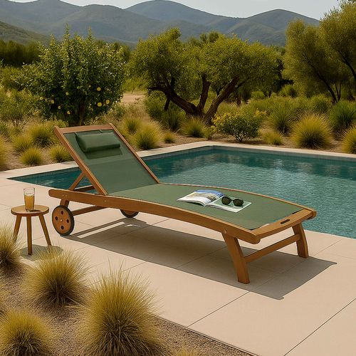 Lot De 2 Bains De Soleil En Bois Inclinable Avec Roues Vert Sauge