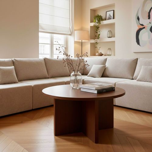 Table Basse Ronde 80 Cm Scandinave Effet Bois Foncé