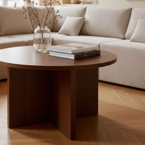 Table Basse Ronde 80 Cm Scandinave Effet Bois Foncé