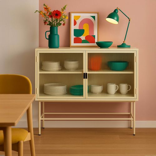 Buffet Moderne 2 Portes 110 Cm En Métal Et Verre Écru