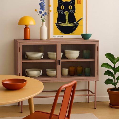 Buffet Moderne 2 Portes 110 Cm En Métal Et Verre Marron