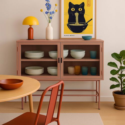 Buffet Moderne 2 Portes 110 Cm En Métal Et Verre Marron