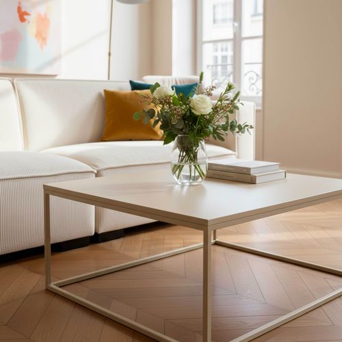 Table Basse Carrée Moderne L90 Cm Écru