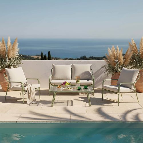 Salon De Jardin En Métal Et Verre Trempé 4 Places Vert Malte