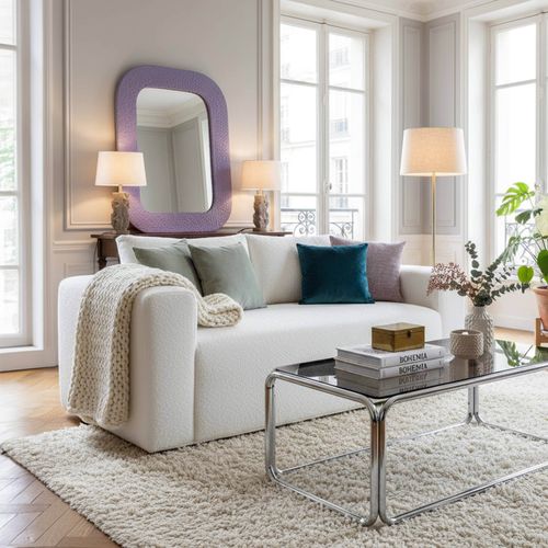 Canapé 2 Places En Tissu Bouclette Avec Coussins Écru L 160 Cm