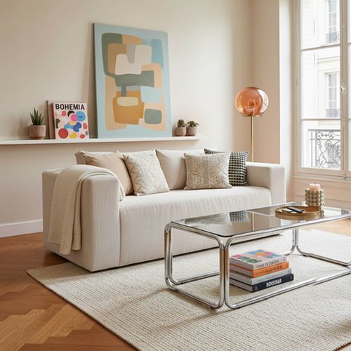 Canapé 2 Places En Tissu Côtelé Avec Coussins Ecru L 160 Cm