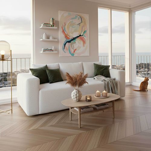 Canapé Compressé 3 Places En Tissu Bouclette Avec Coussins L 200 Cm - Blanc