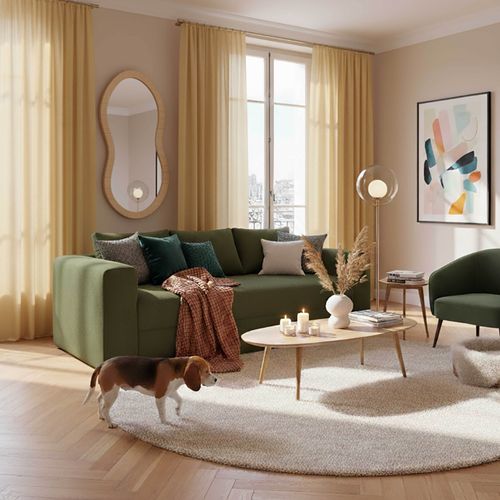 Canapé 3 Places En Tissu Bouclette Avec Coussins Vert L 200 Cm