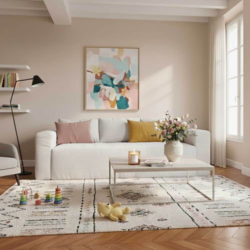 Canapé Compressé 3 Places En Tissu Côtelé Avec Coussins L 200 Cm - Blanc