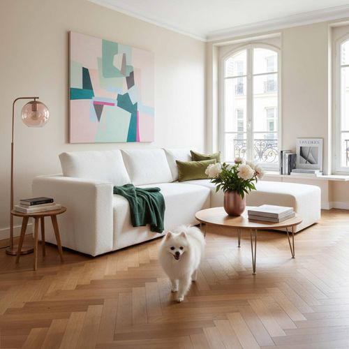 Canapé D'angle 4 Places Bouclette Avec Méridienne Gauche Écru L265 Cm