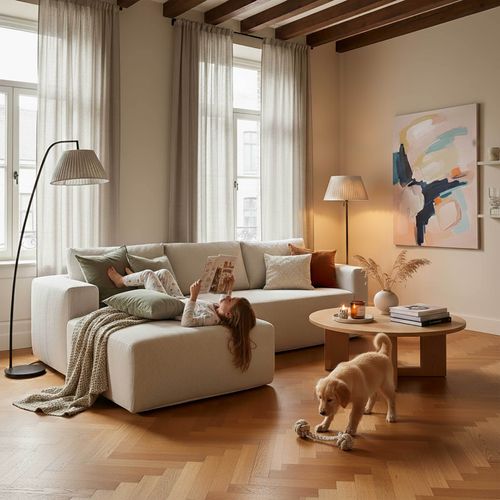 Canapé Angle 4 Places Tissu Et Méridienne Gauche Écru L265 Cm