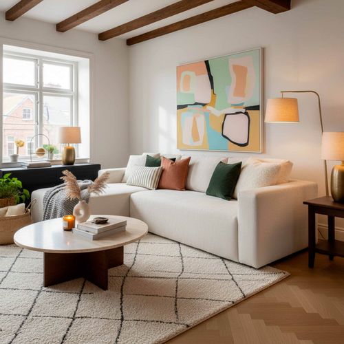 Canapé Angle 4 Places Tissu Et Méridienne Gauche Écru L265 Cm