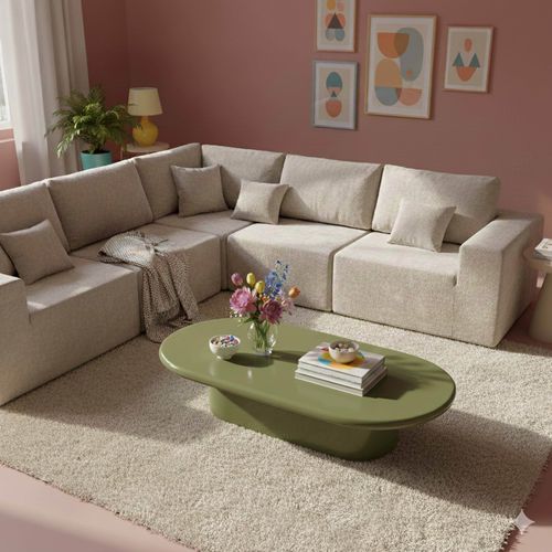 Table Basse Ovale 100 X 70 Cm En Mdf Effet Laqué Vert Olive