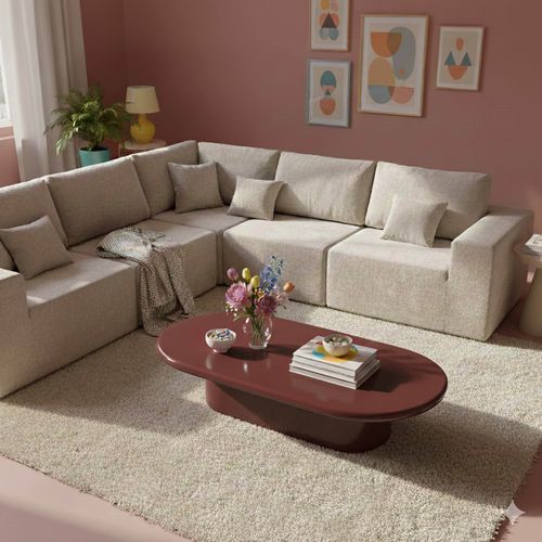 Table Basse Ovale 100 X 70 Cm En Mdf Effet Laqué Bordeaux