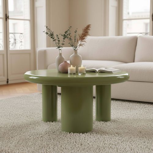 Table Basse Ronde 100 Cm En Mdf Effet Laqué Vert Olive