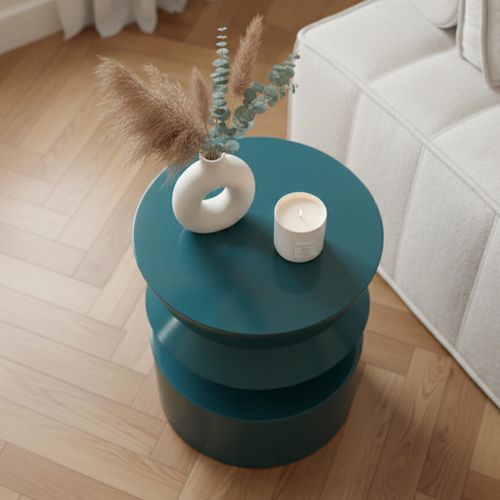Table Basse Bout De Canapé Effet Laqué Bleu Canard Diam 40 Cm Agatha