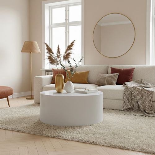 Table Basse Ronde 80 Cm En Mdf Effet Laqué Blanc