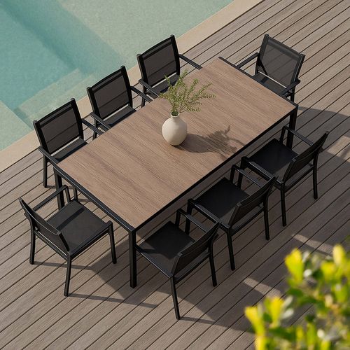 Ensemble Table De Jardin En Aluminium Effet Bois Et 8 Fauteuils Noirs