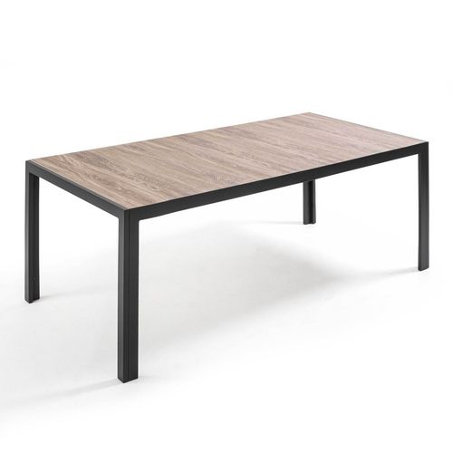 Ensemble Table De Jardin En Aluminium Effet Bois Et 8 Fauteuils Noirs