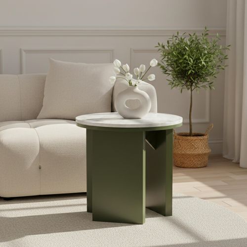 Table Basse Effet Bois Ronde Diam 50 Cm Vert Olive