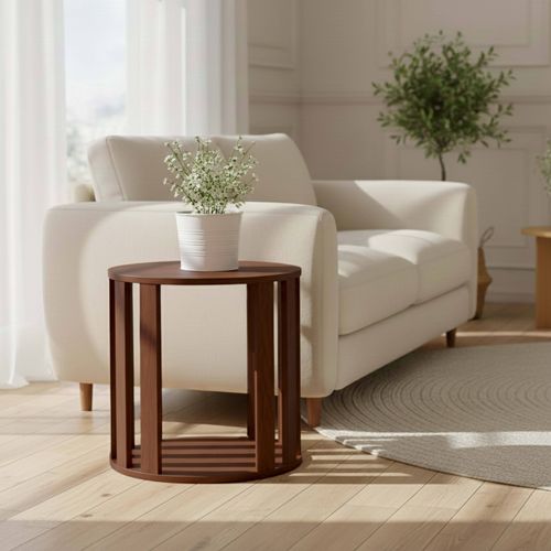 Table Basse Effet Bois Ronde Diam 50 Cm Bois Foncé
