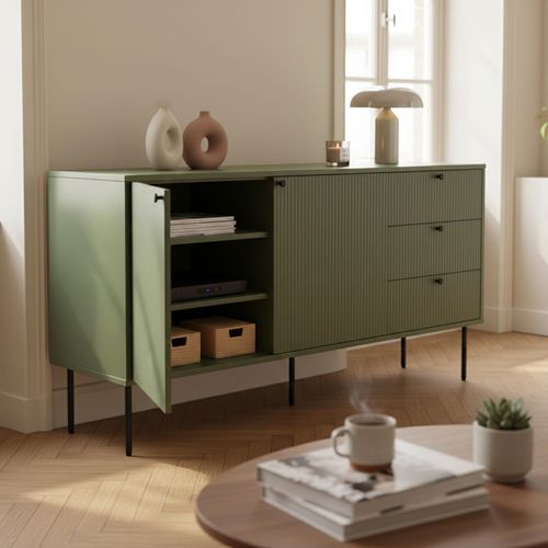 Buffet 2 Portes Et 3 Tiroirs Décor Mélaminé 150 Cm Vert Olive