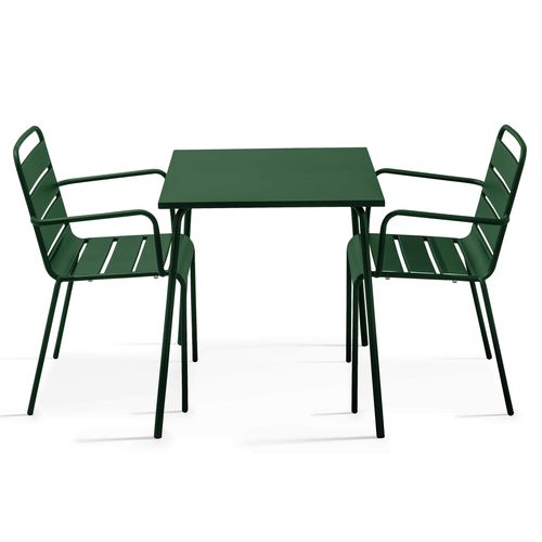 Ensemble Table De Jardin Carrée Et 2 Fauteuils Acier Vert Forêt Palavas