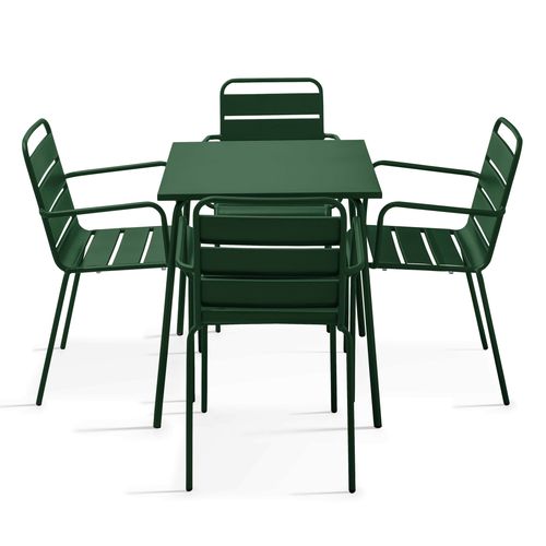 Ensemble Table De Jardin Carrée Et 4 Fauteuils Acier Vert Forêt Palavas