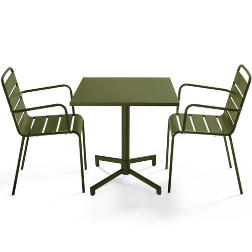 Ensemble Table 70 Cm Et 2 Fauteuils De Jardin En Métal Vert Kaki Palavas