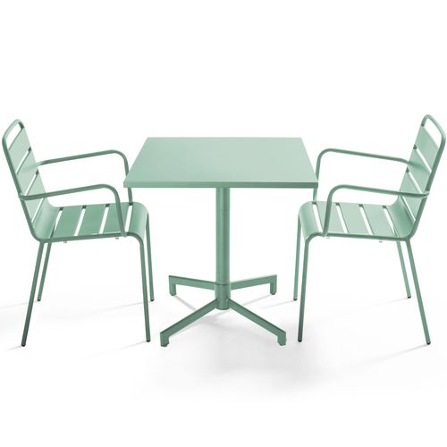Ensemble Table 70 Cm Et 2 Fauteuils De Jardin En Métal Vert Sauge Palavas